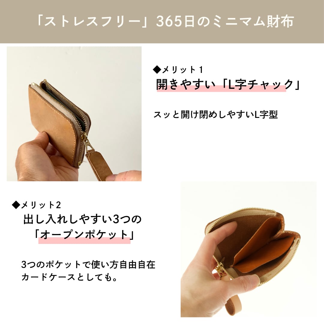 小さい薄い財布  カードサイズ  L字ファスナー （メンズ・レディース） | Italy本革・レザー 　墨色ブラック　【365日×3の財布】